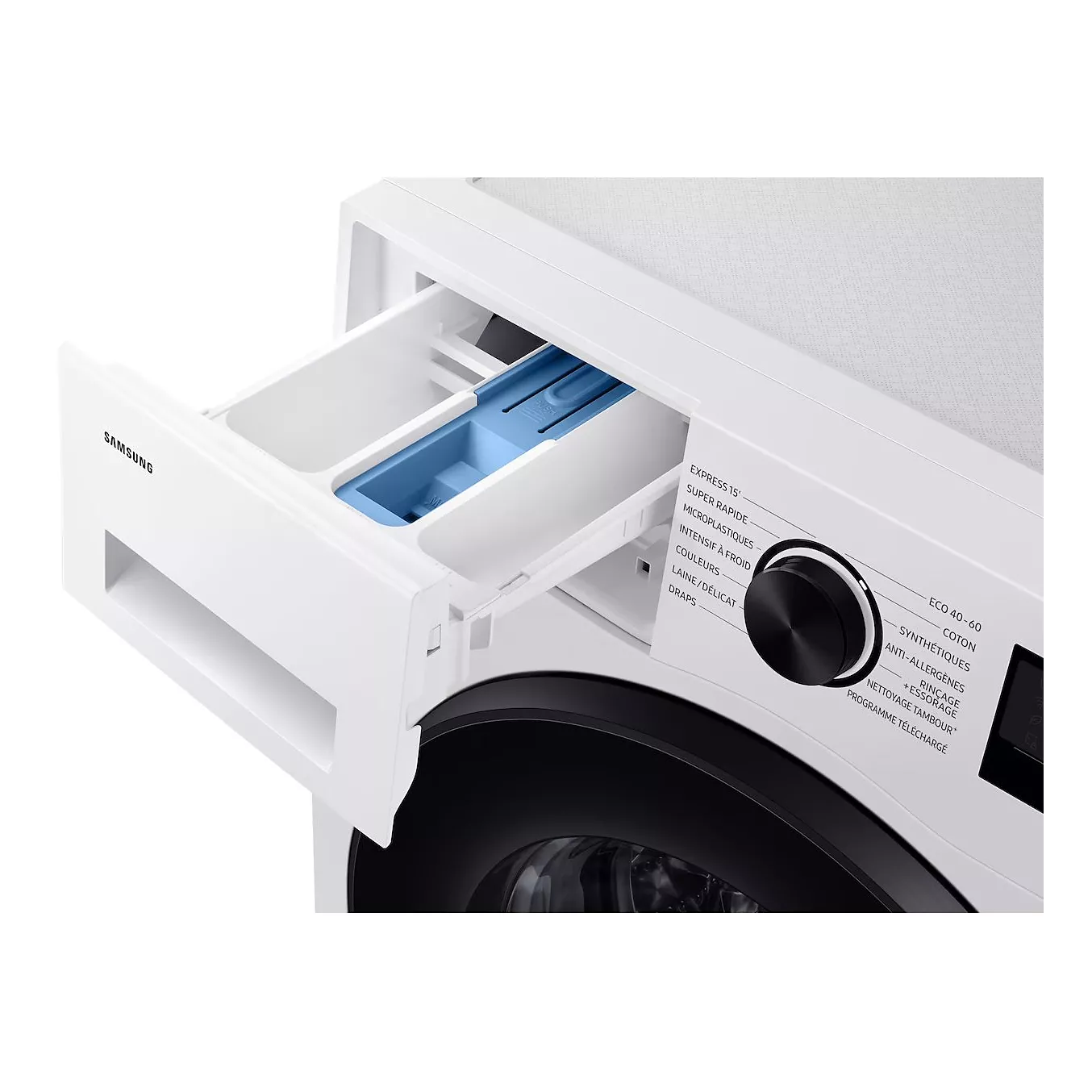 Gros plan sur la machine à laver SAMSUNG WW11DG5B25AE, dont le tiroir à lessive est ouvert, montrant les compartiments et le cadran de commande.