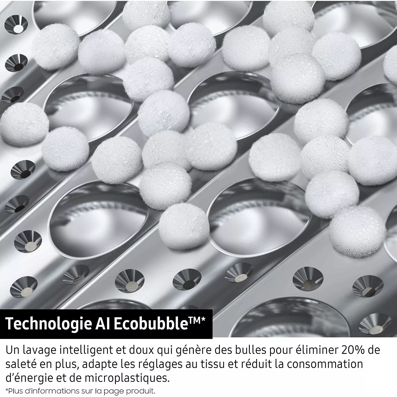 Gros plan sur des bulles de mousse blanche sur le tambour métallique d'une machine à laver, mettant en avant la technologie AI Ecobubble intégrée au modèle SAMSUNG WW11DG5B25AE.