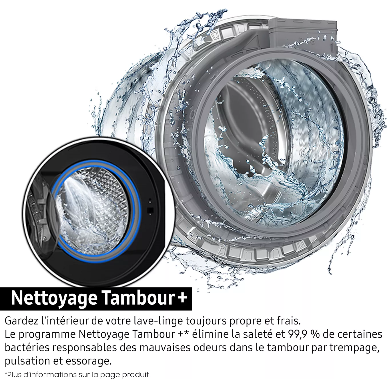 Une porte de lave-linge ouverte, d'où jaillissent des éclaboussures d'eau, met en avant la fonction de nettoyage du tambour du modèle SAMSUNG WW11DG5B25AE, accompagnée d'un texte en français soulignant ses avantages.