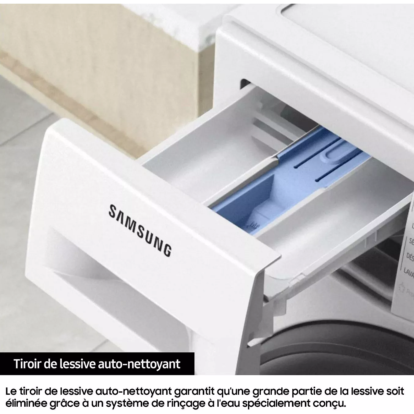 Ouvrez le bac à lessive muni d'un insert bleu, portant la mention « bac à lessive autonettoyant », sur le lave-linge SAMSUNG WW11DG5B25AE.