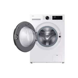 La machine à laver à chargement frontal SAMSUNG WW11DG5B25AE est photographiée avec sa porte ouverte, laissant apparaître le tambour en acier inoxydable vide à l'intérieur. Cette machine à laver se distingue par son design épuré et sa technologie de lavage avancée, qui garantissent des performances de lavage exceptionnelles.