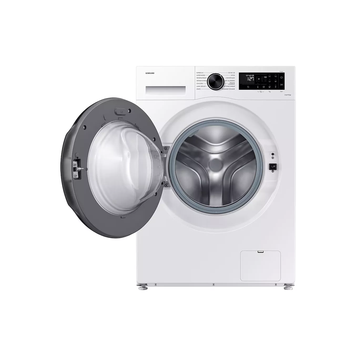 La machine à laver à chargement frontal SAMSUNG WW11DG5B25AE est photographiée avec sa porte ouverte, laissant apparaître le tambour en acier inoxydable vide à l'intérieur. Cette machine à laver se distingue par son design épuré et sa technologie de lavage avancée, qui garantissent des performances de lavage exceptionnelles.