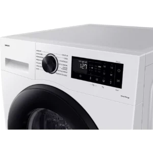 Gros plan sur le panneau de commande du lave-linge SAMSUNG WW11DG5B25AE, mettant en avant son écran numérique et ses nombreuses options de programmes.