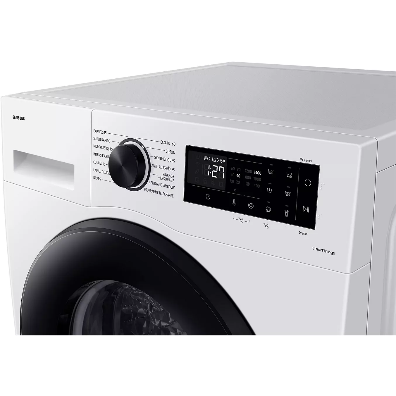 Gros plan sur le panneau de commande du lave-linge SAMSUNG WW11DG5B25AE, mettant en avant son écran numérique et ses nombreuses options de programmes.