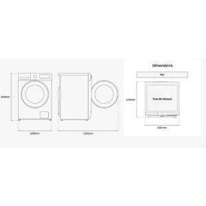 Dessins techniques du lave-linge à chargement frontal SAMSUNG WW11DG5B25AE — présentés sous forme de vues de face, de profil et de dessus — avec des cotes indiquées en millimètres, offrant un aperçu clair de la conception et des proportions du lave-linge SAMSUNG WW11DG5B25AE.