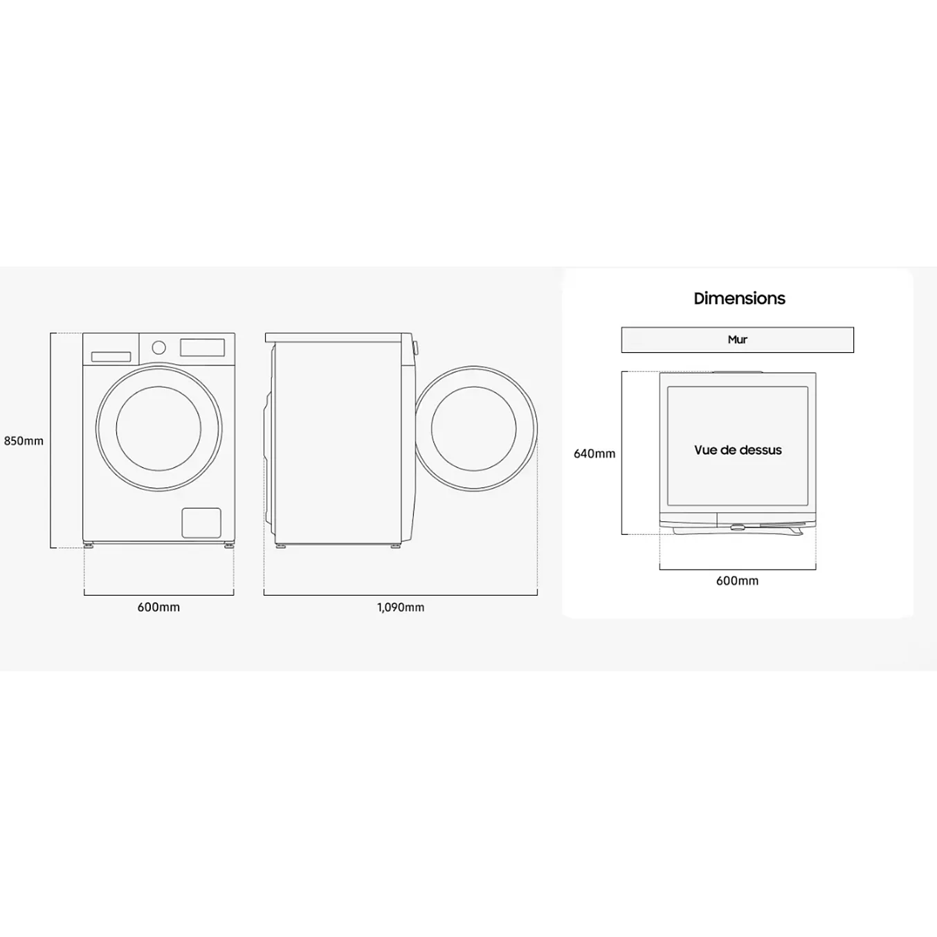 Dessins techniques du lave-linge à chargement frontal SAMSUNG WW11DG5B25AE — présentés sous forme de vues de face, de profil et de dessus — avec des cotes indiquées en millimètres, offrant un aperçu clair de la conception et des proportions du lave-linge SAMSUNG WW11DG5B25AE.