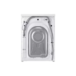 Vue arrière du lave-linge à chargement frontal SAMSUNG WW11DG5B25AE, mettant en évidence ses tuyaux, ses raccords et son panneau arrière métallique sur fond blanc — idéale pour ceux qui souhaitent découvrir des images détaillées de ce modèle de lave-linge.