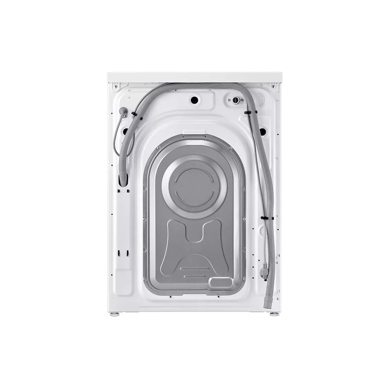 Vue arrière du lave-linge à chargement frontal SAMSUNG WW11DG5B25AE, mettant en évidence ses tuyaux, ses raccords et son panneau arrière métallique sur fond blanc — idéale pour ceux qui souhaitent découvrir des images détaillées de ce modèle de lave-linge.