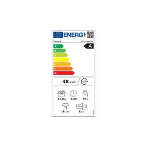 Étiquette énergétique du lave-linge à chargement frontal SAMSUNG WW11DG5B25AE : classe énergétique A, consommation de 48 kWh par cycle, capacité maximale de 11 kg, cycle de 4 heures et consommation d'eau de 54 litres.