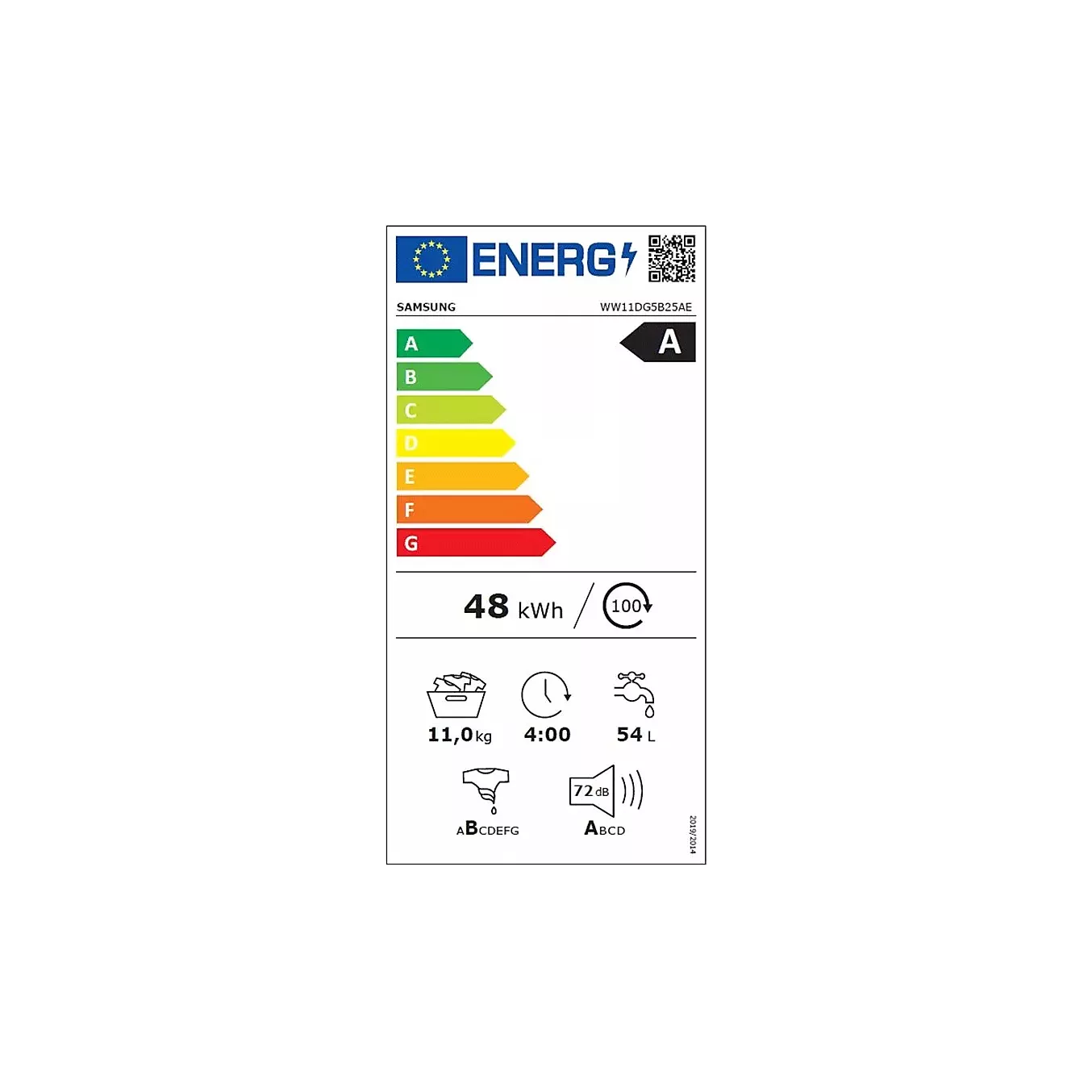 Étiquette énergétique du lave-linge à chargement frontal SAMSUNG WW11DG5B25AE : classe énergétique A, consommation de 48 kWh par cycle, capacité maximale de 11 kg, cycle de 4 heures et consommation d'eau de 54 litres.