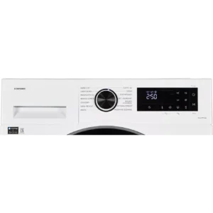 Gros plan sur le panneau de commande du lave-linge à chargement frontal SAMSUNG WW11DG5B25AE, mettant en valeur sa finition blanche ainsi que ses différents réglages et boutons.
