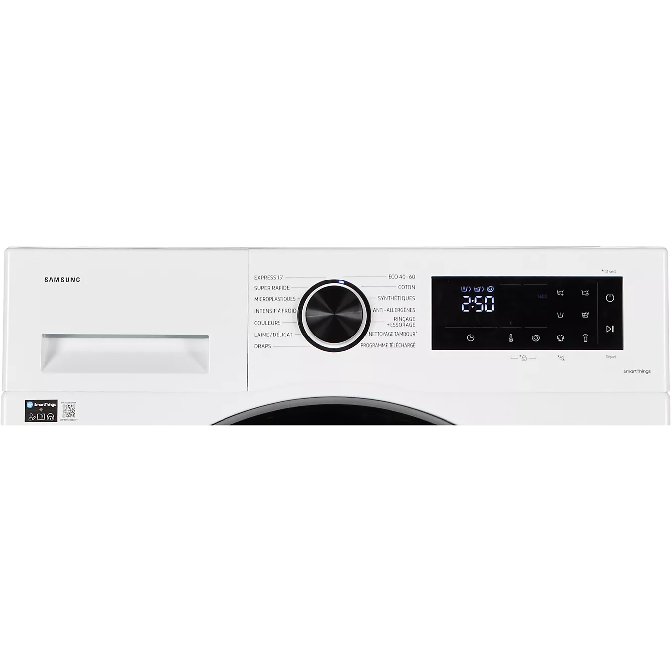 Gros plan sur le panneau de commande du lave-linge à chargement frontal SAMSUNG WW11DG5B25AE, mettant en valeur sa finition blanche ainsi que ses différents réglages et boutons.