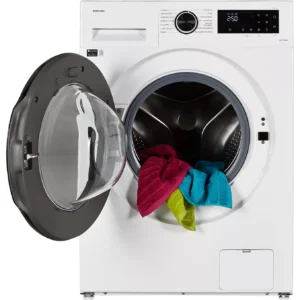 La machine à laver à chargement frontal SAMSUNG WW11DG5B25AE est photographiée avec la porte ouverte, laissant entrevoir des serviettes colorées à l'intérieur du tambour.
