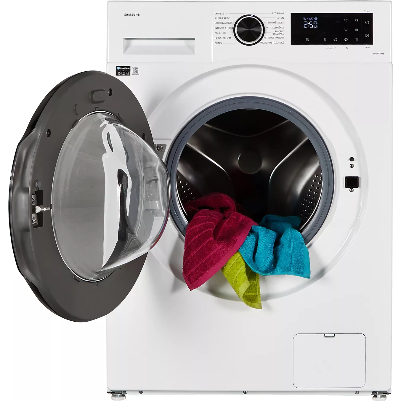 La machine à laver à chargement frontal SAMSUNG WW11DG5B25AE est photographiée avec la porte ouverte, laissant entrevoir des serviettes colorées à l'intérieur du tambour.